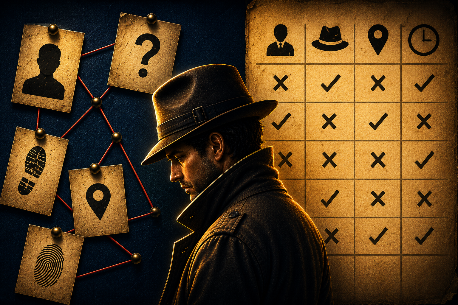 A detective studying a clue board